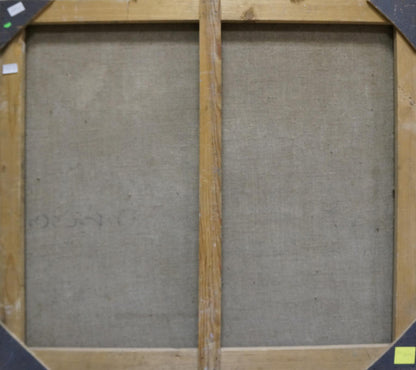 Back of Oil painting Spring flowers canvas with gray fabric panels and stretcher bars
