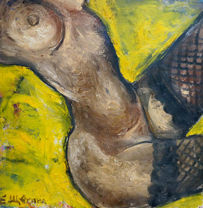 Oil painting of figure waist girl by Elena Shchekina in earthy tones