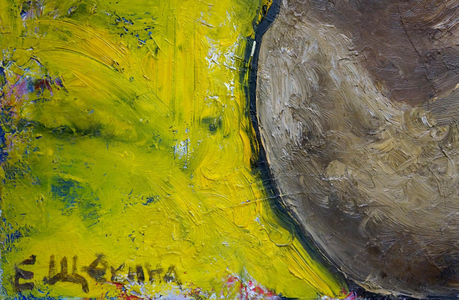 Thick impasto oil painting of female figure Elena Shchekina in yellow and brown