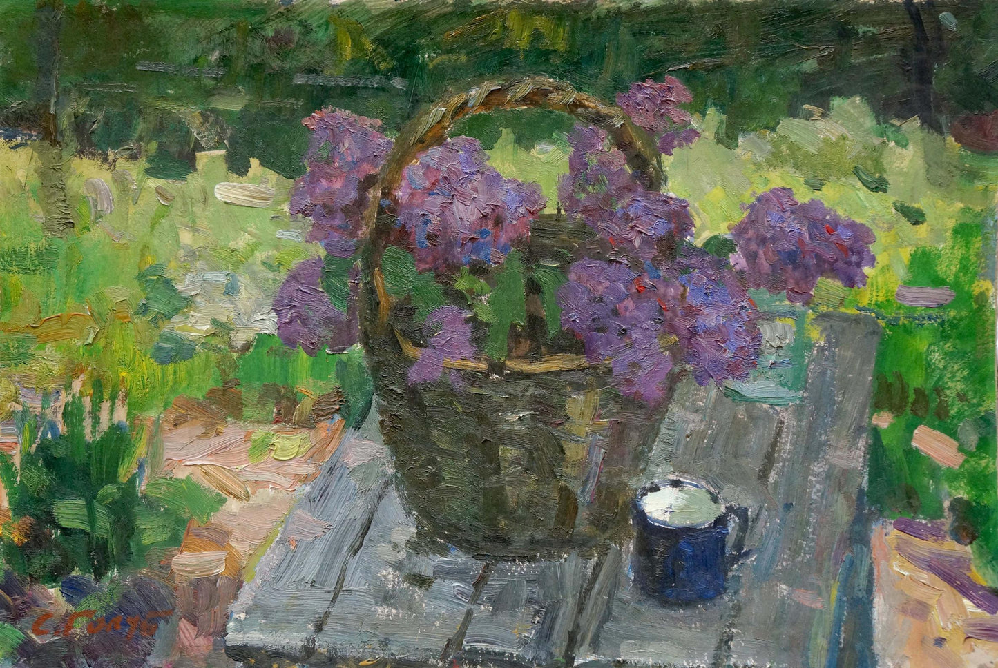 Oil painting of vibrant purple hydrangeas in wicker basket by Stepan Filippovich Golub
