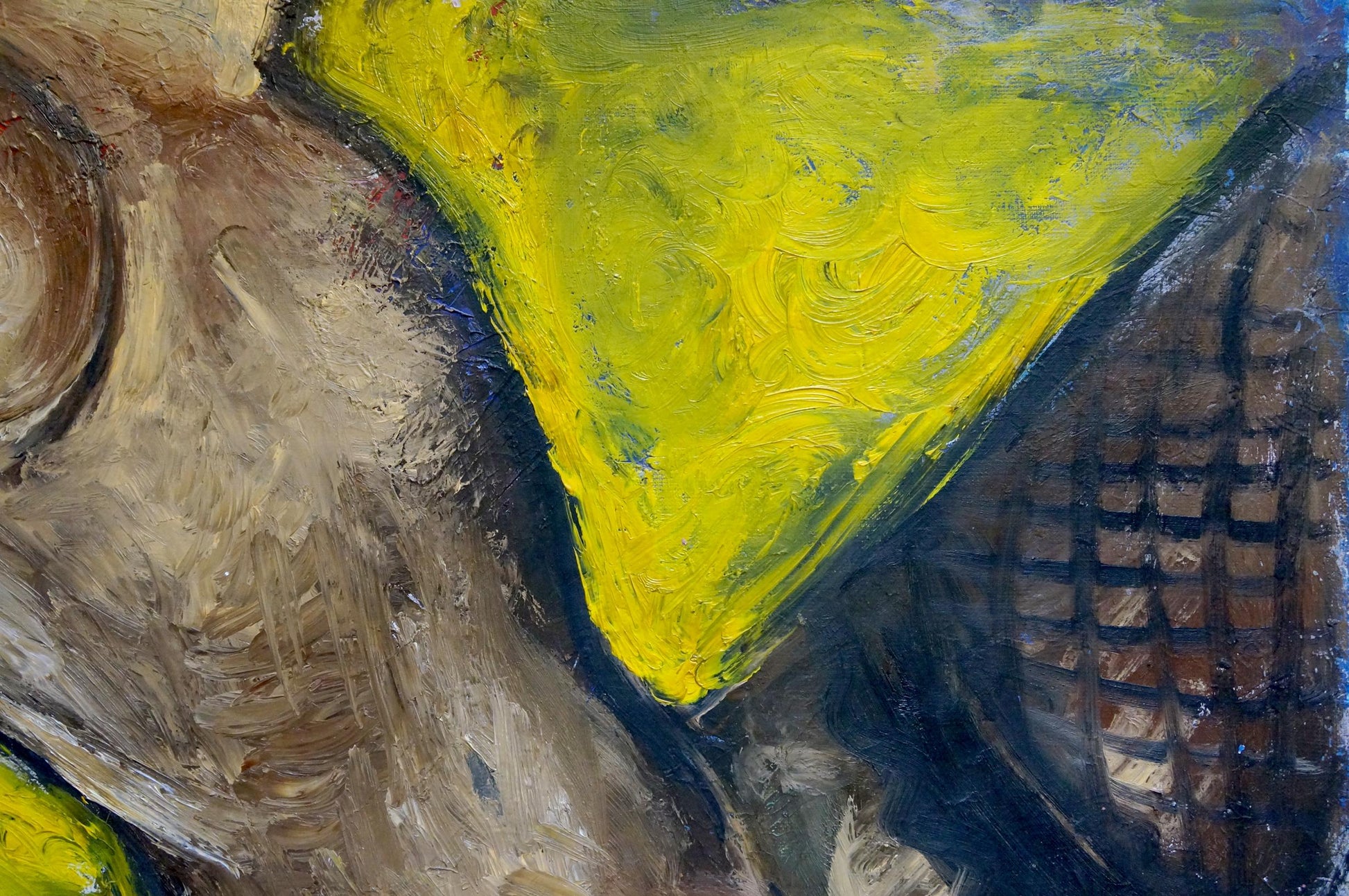 Oil painting of figure waist girl Elena Shchekina in vibrant yellow triangle on earthy browns and grays