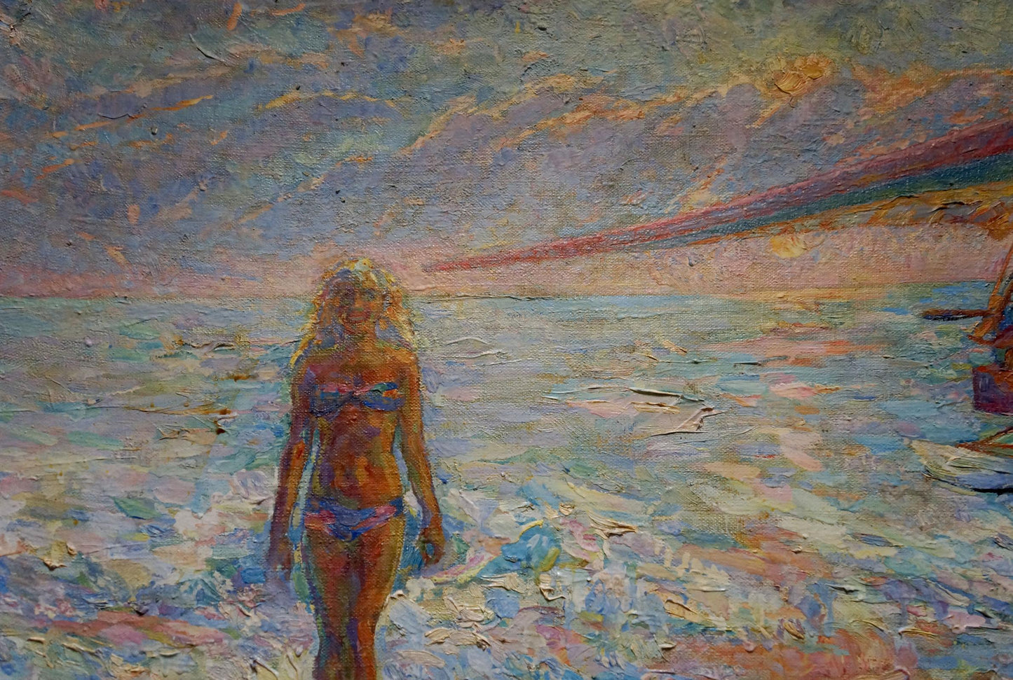 Oil painting by Tytarenko Odarka Anatoliivna: blonde in blue-purple bikini on sunset beach