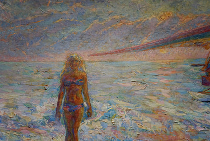 Oil painting by Tytarenko Odarka Anatoliivna: blonde in blue-purple bikini on sunset beach