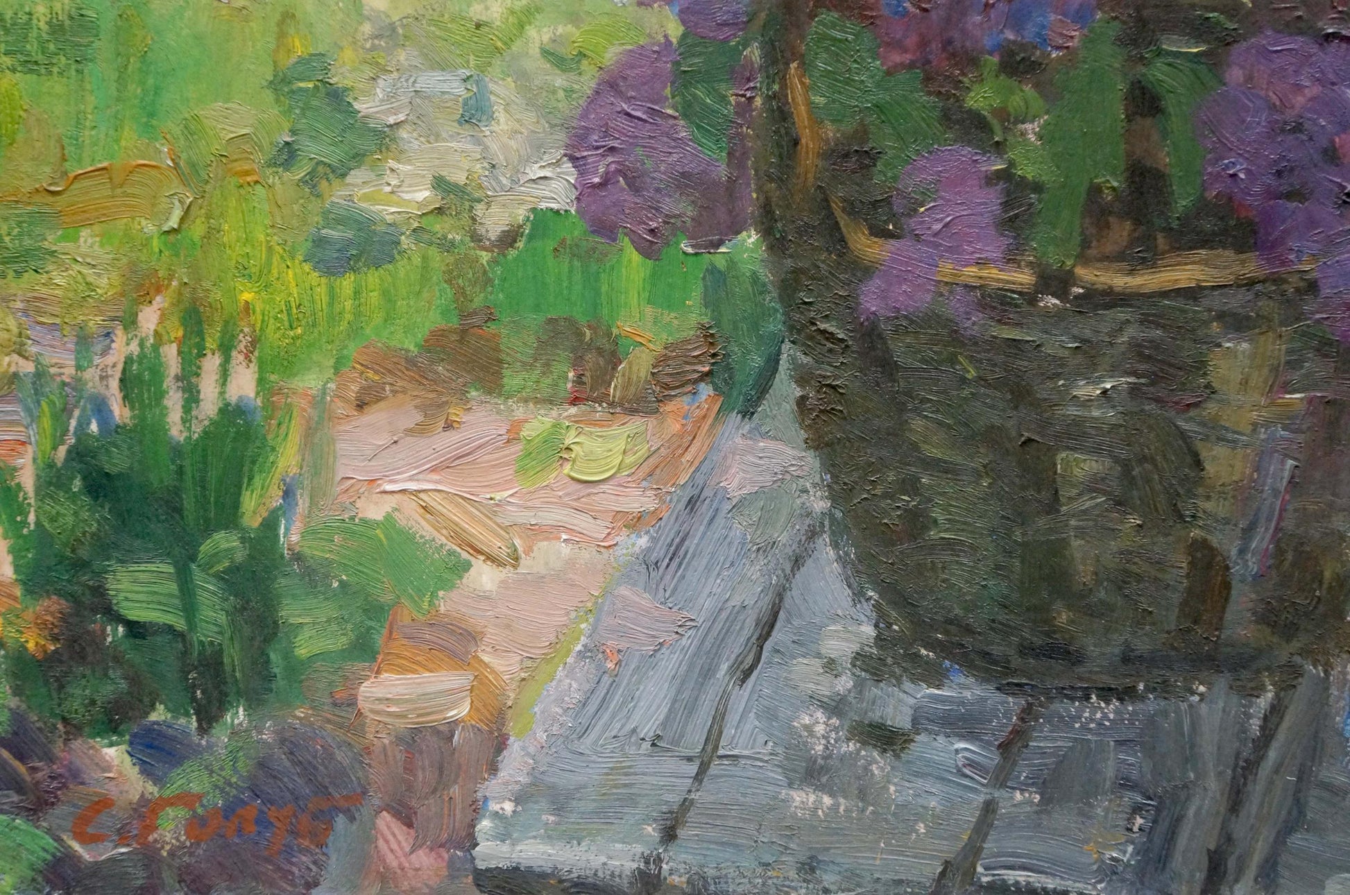 Oil painting of lilac flowers in dark textured ceramic pot by Stepan Filippovich Golub