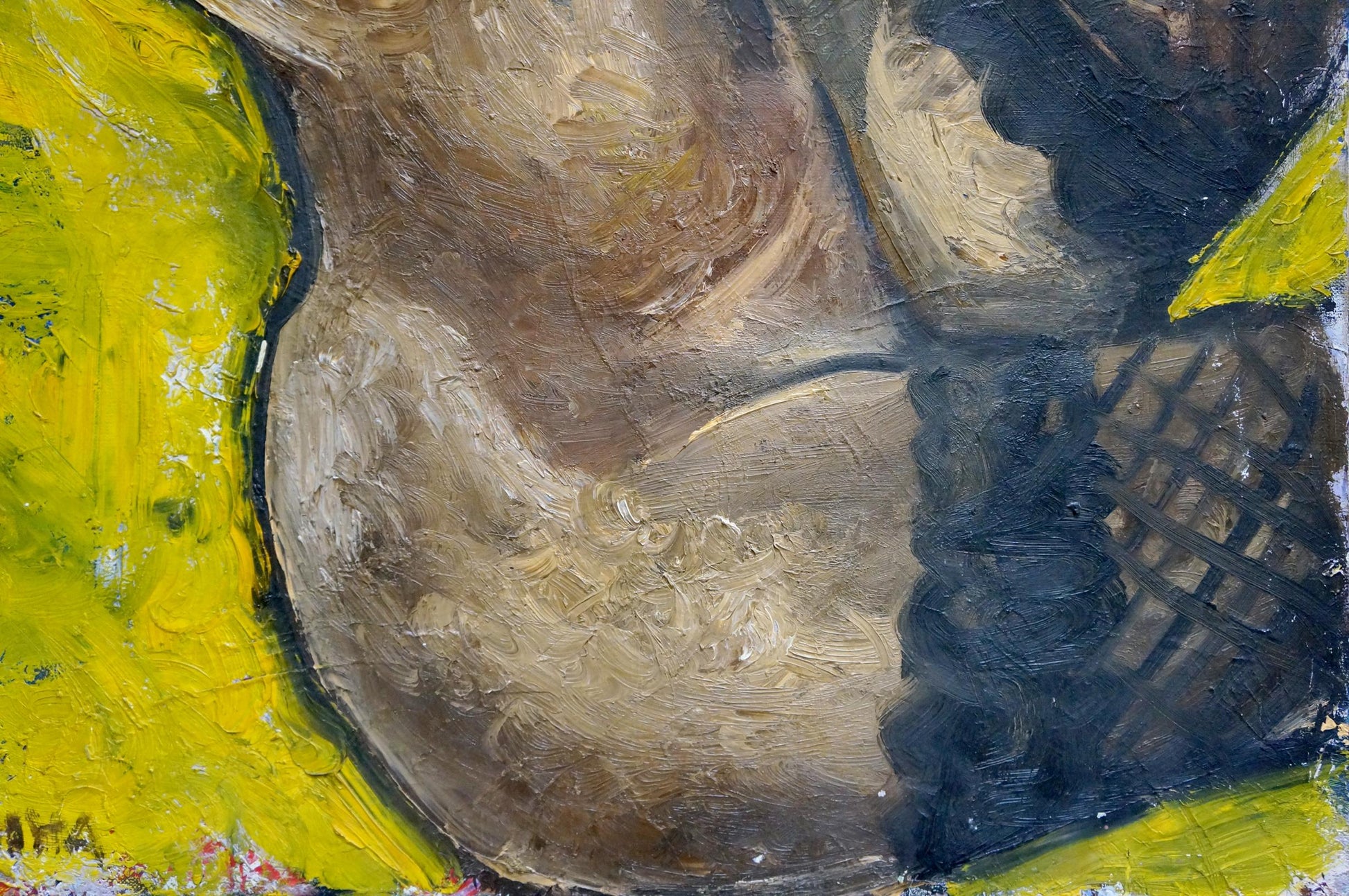 Oil painting of waist female figure Elena Shchekina with yellow brown abstract strokes
