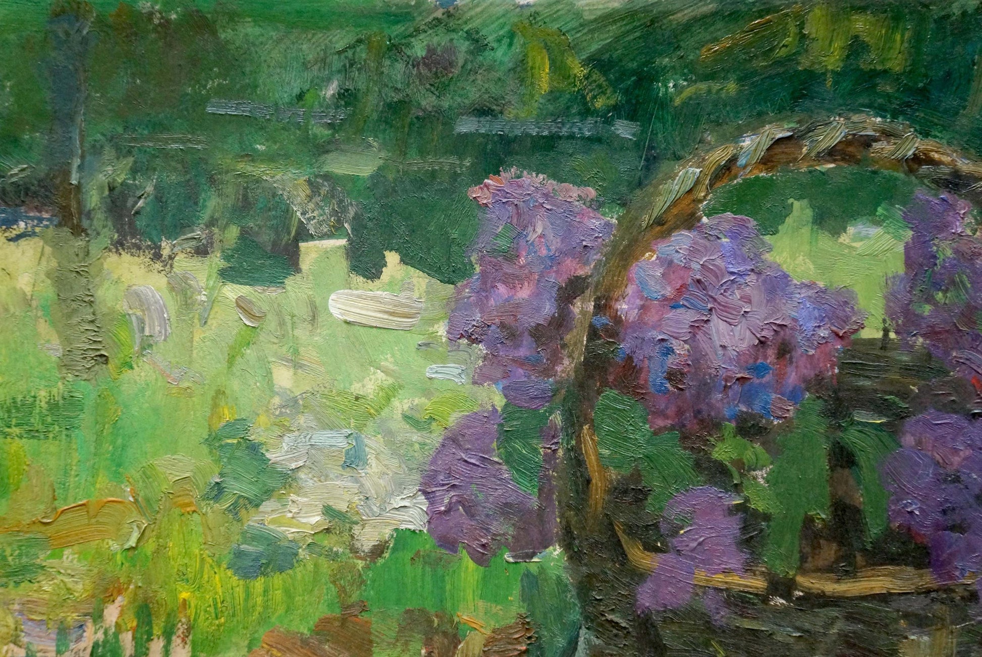 Oil painting of vibrant purple lilac bush over garden by Stepan Filippovich Golub