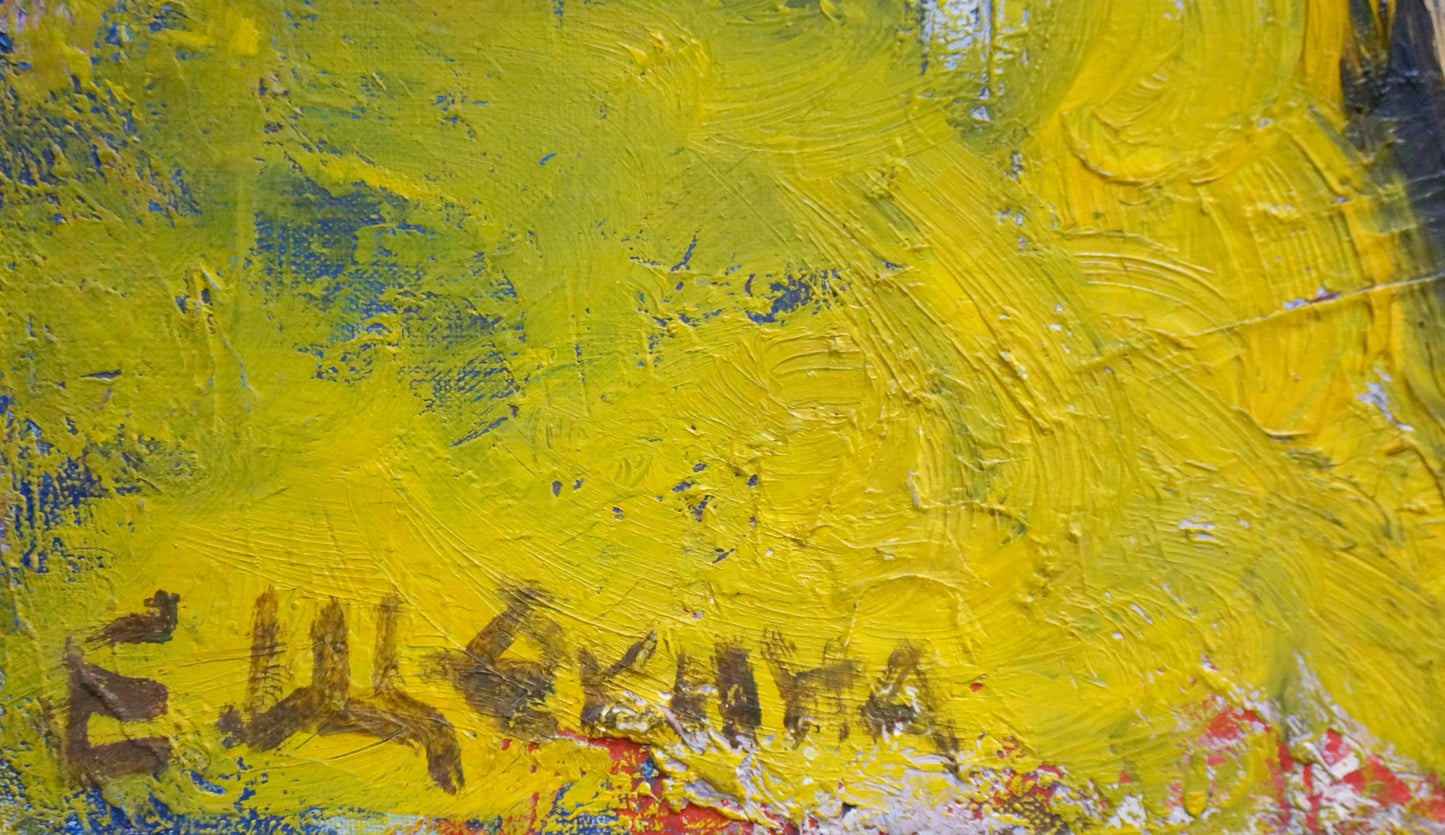 Vibrant yellow textured oil painting of female figure Elena Shchekina