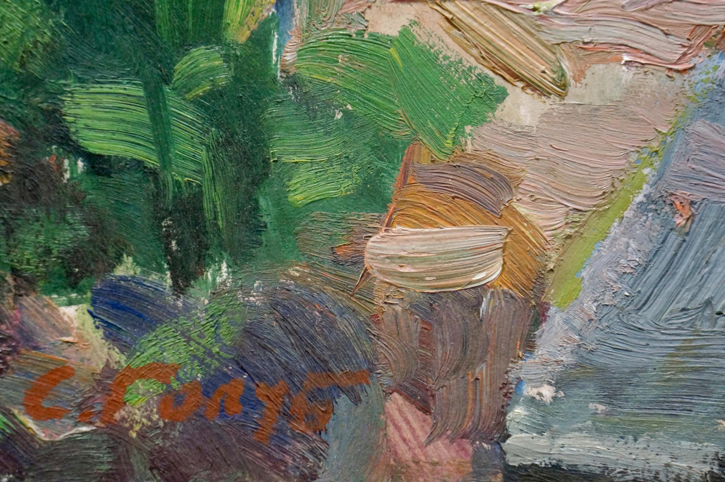 A textured oil painting featuring bold green brushstrokes, earthy browns and blues, with a signature in orange-red paint.