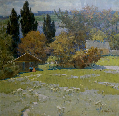 Oil painting of rustic wooden shed with sloped roof by Filbert Alexander Alexandrovich