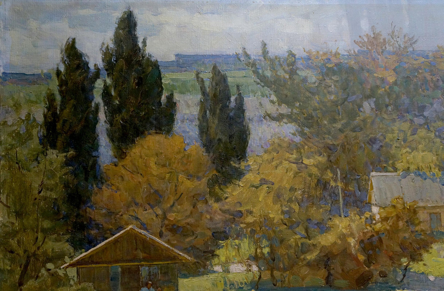 Oil painting of rustic wooden shed by Filbert Alexandrovich among autumn trees