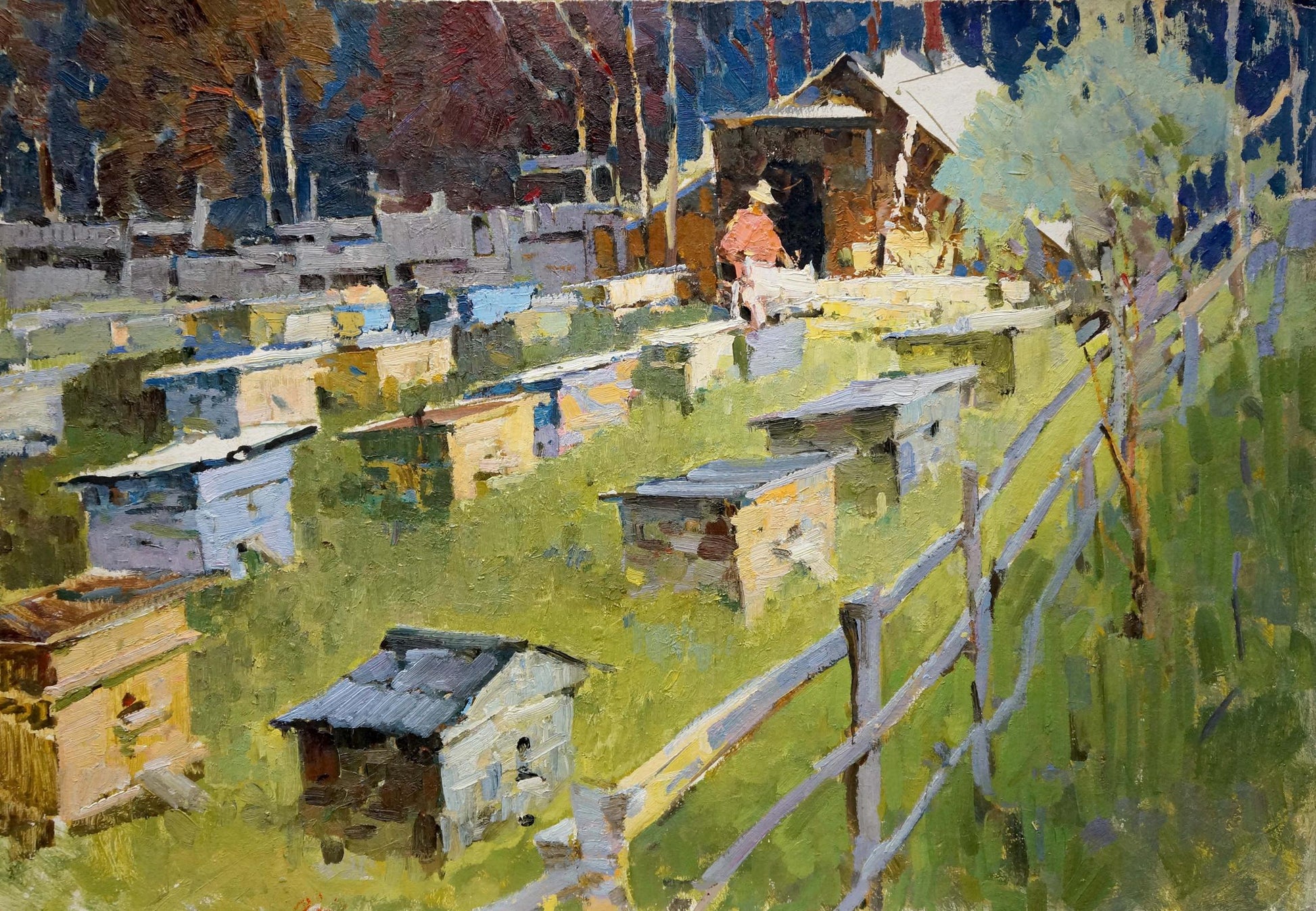 Oil painting by Serbutovsky Andrey Andreevich: pastel beehives in sunlit field