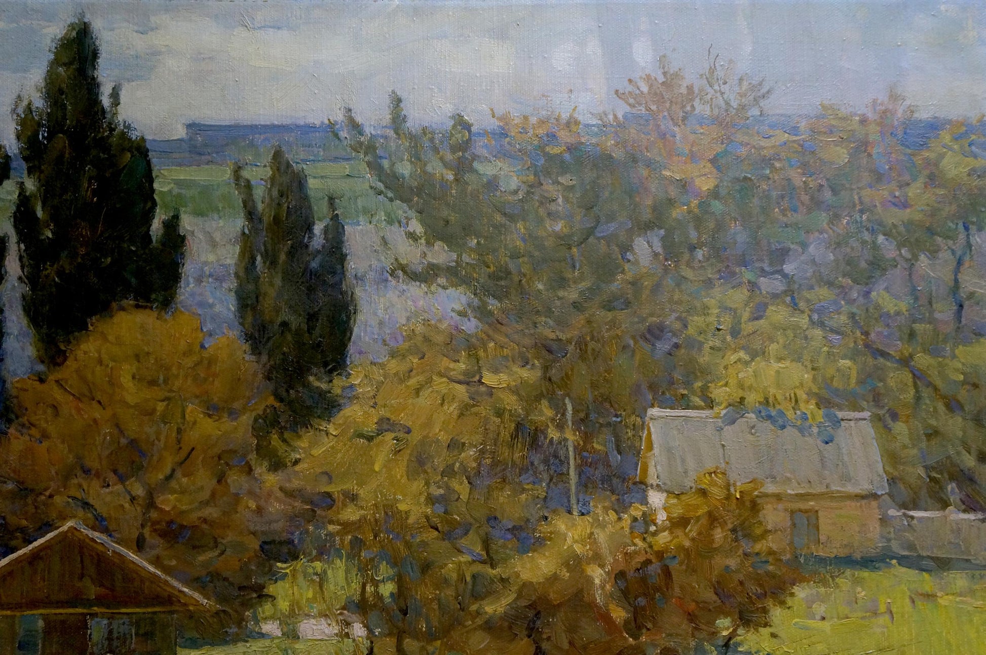 Oil painting of rustic wooden house by Filbert Alexander Alexandrovich among golden autumn trees