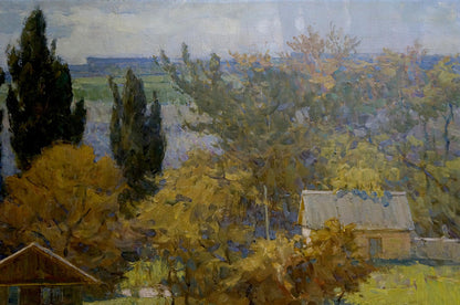 Oil painting of rustic wooden house by Filbert Alexander Alexandrovich among golden autumn trees