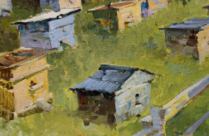 Oil painting by Serbutovsky Andrey Andreevich of rustic white shed in green foliage
