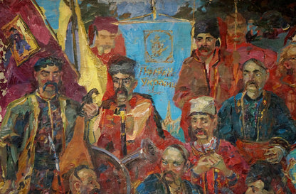 Vibrant oil painting of Cossack leaders in Ukrainian attire by Maria Titarenko
