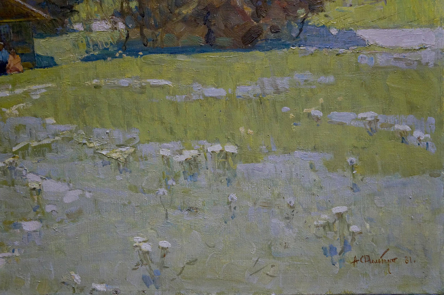 Impressionistic oil painting Village Filbert by Alexandrovich with daisies