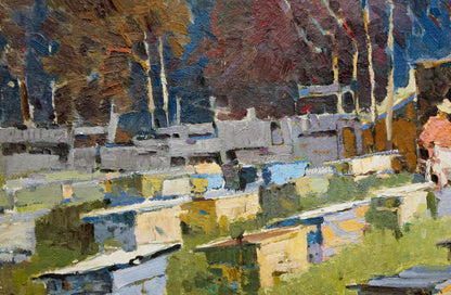 Oil painting Apiary by Serbutovsky Andrey Andreevich, vibrant impressionist buildings and autumn trees