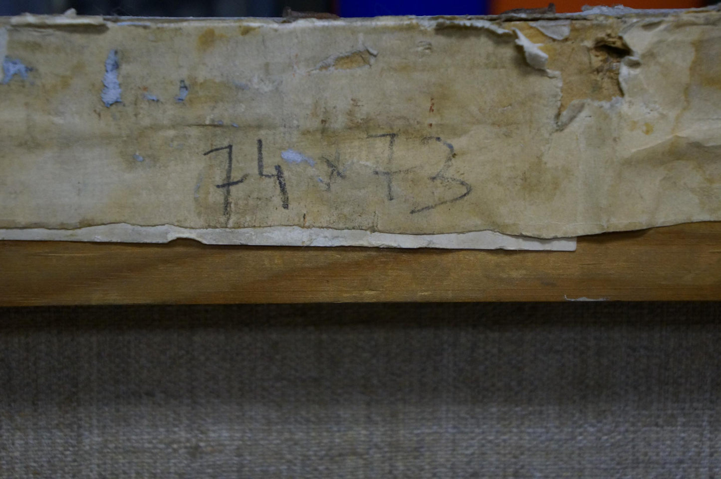 Weathered beige paper label on back of Village oil painting by Filbert Alexander Alexandrovich