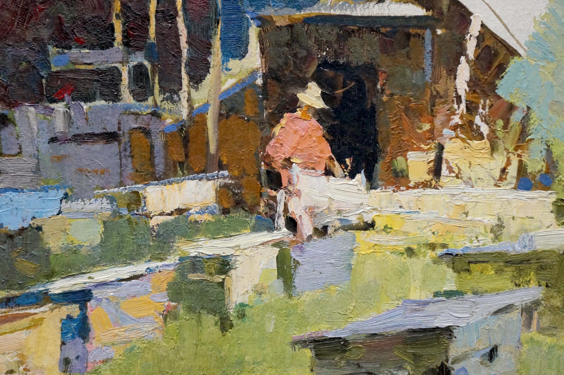 Oil painting Apiary by Serbutovsky Andrey Andreevich, textured impasto figure in orange shirt by water
