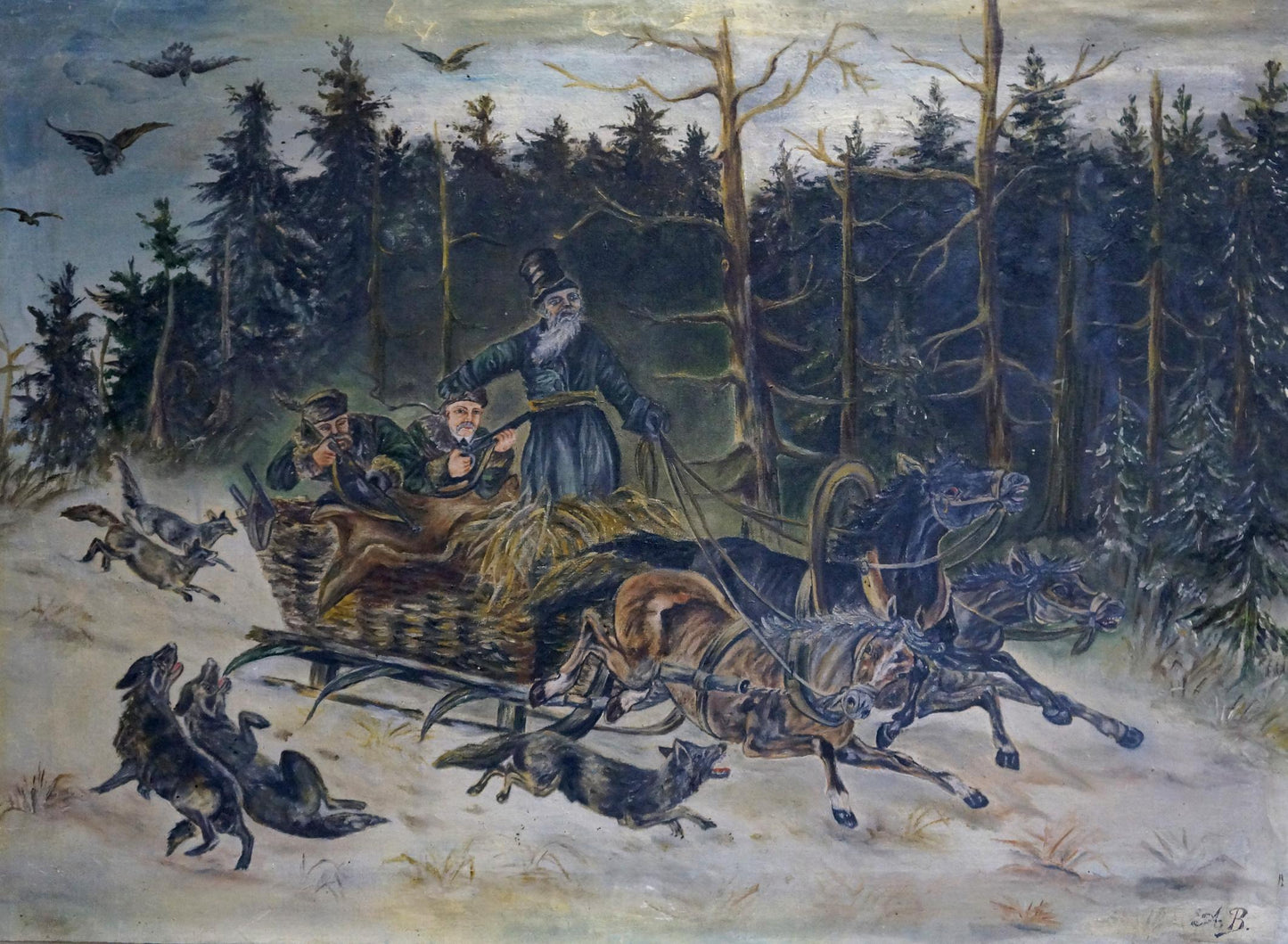 Oil painting On the Hunt: dark wooden sleigh with three men in snowy forest