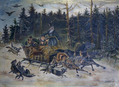 Oil painting On the Hunt: dark wooden sleigh with three men in snowy forest