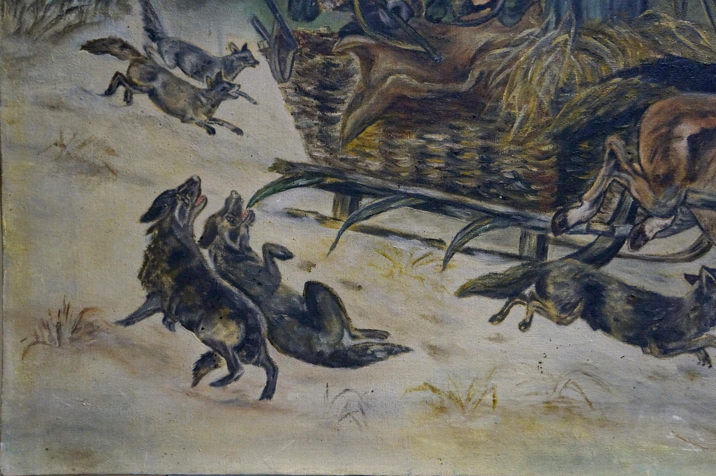 Oil painting On the Hunt: rustic basket of hay on horse-pulled sled