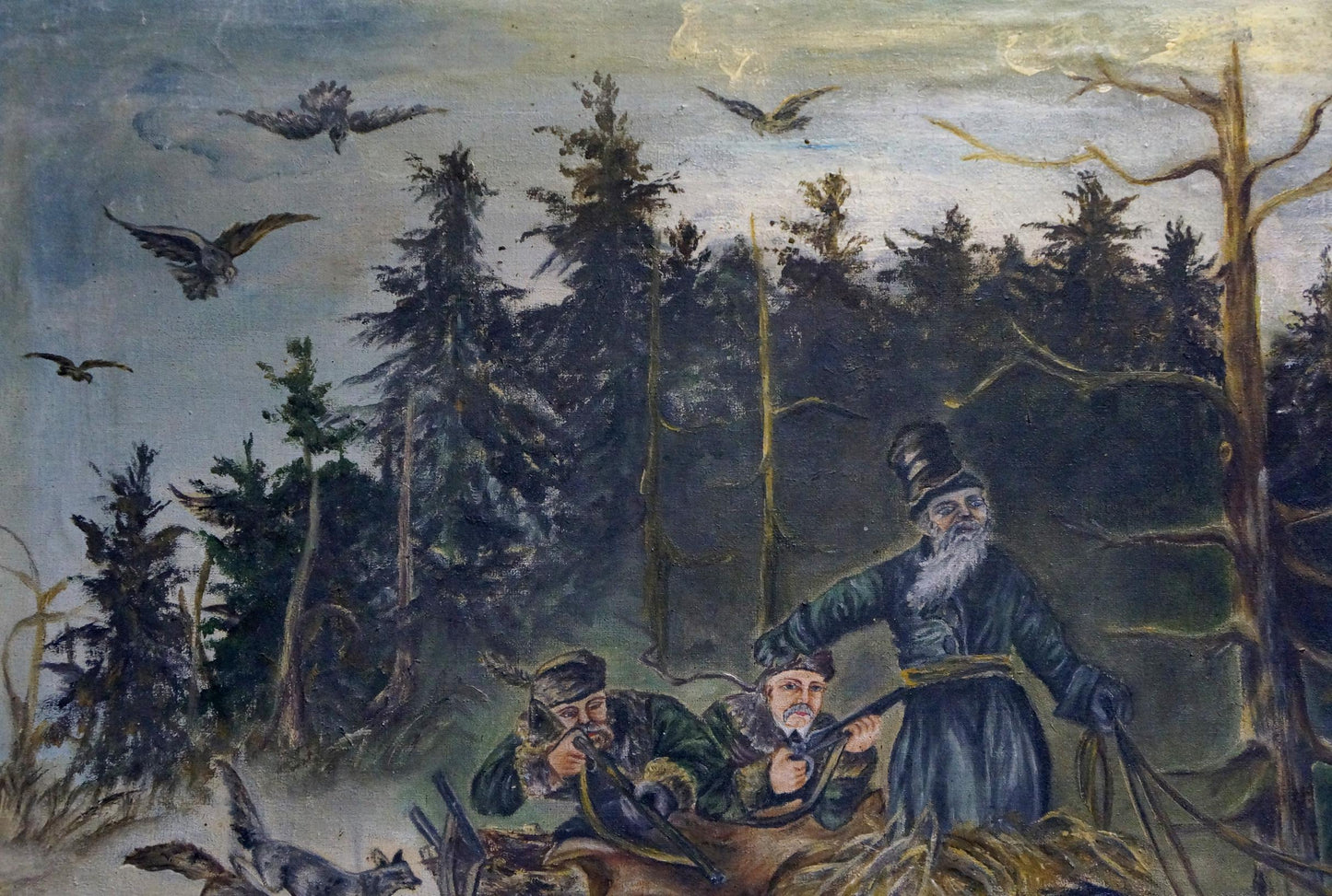 Vintage oil painting On the Hunt: three hunters in forest with top hat