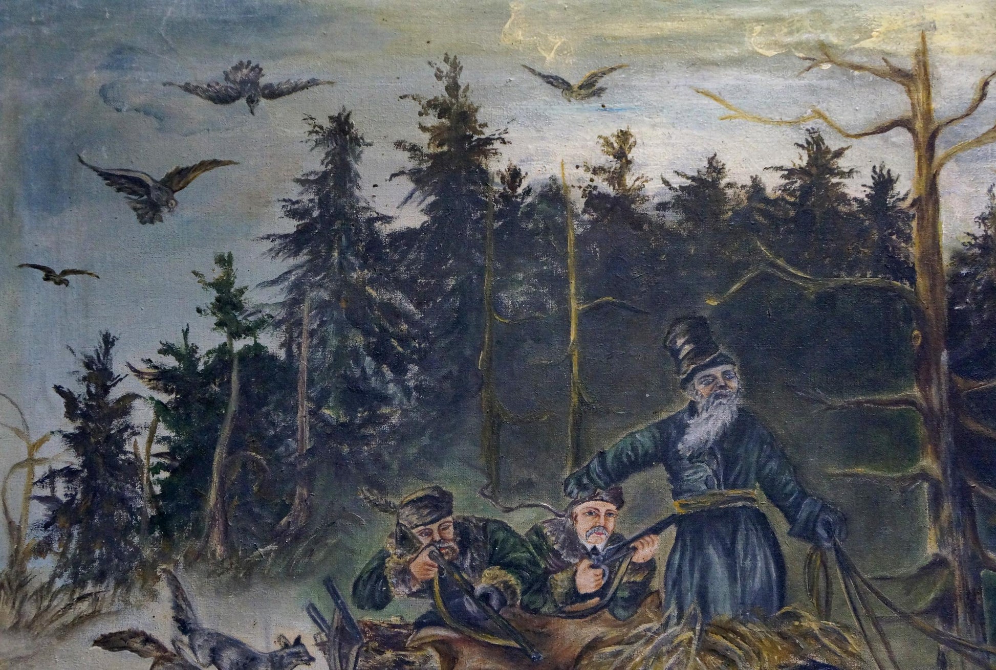 Vintage oil painting On the Hunt: three hunters in forest with top hat