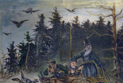 Vintage oil painting On the Hunt: three hunters in forest with top hat