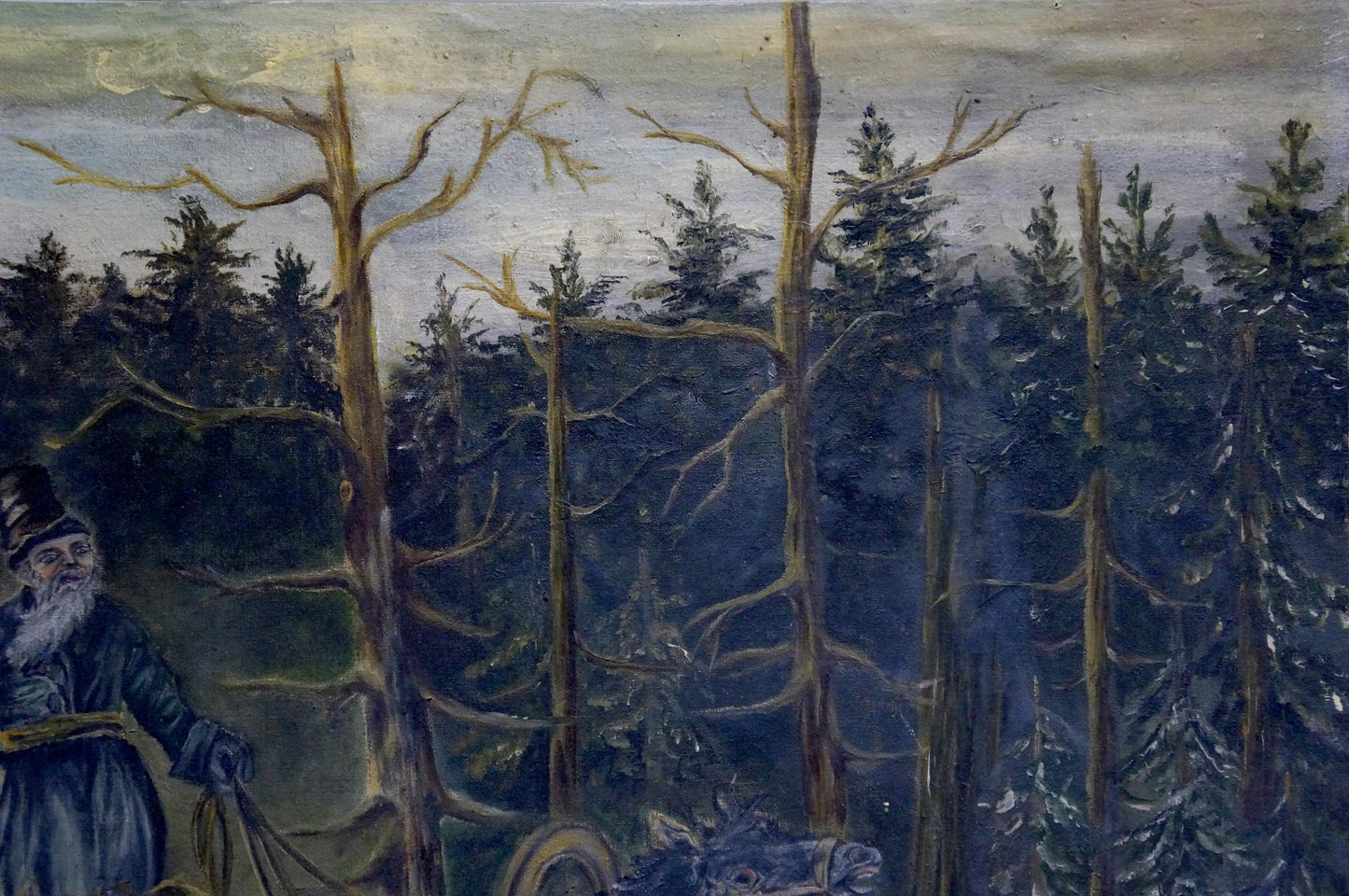 Oil painting On the Hunt: bearded man in top hat with carriage reins by bare trees