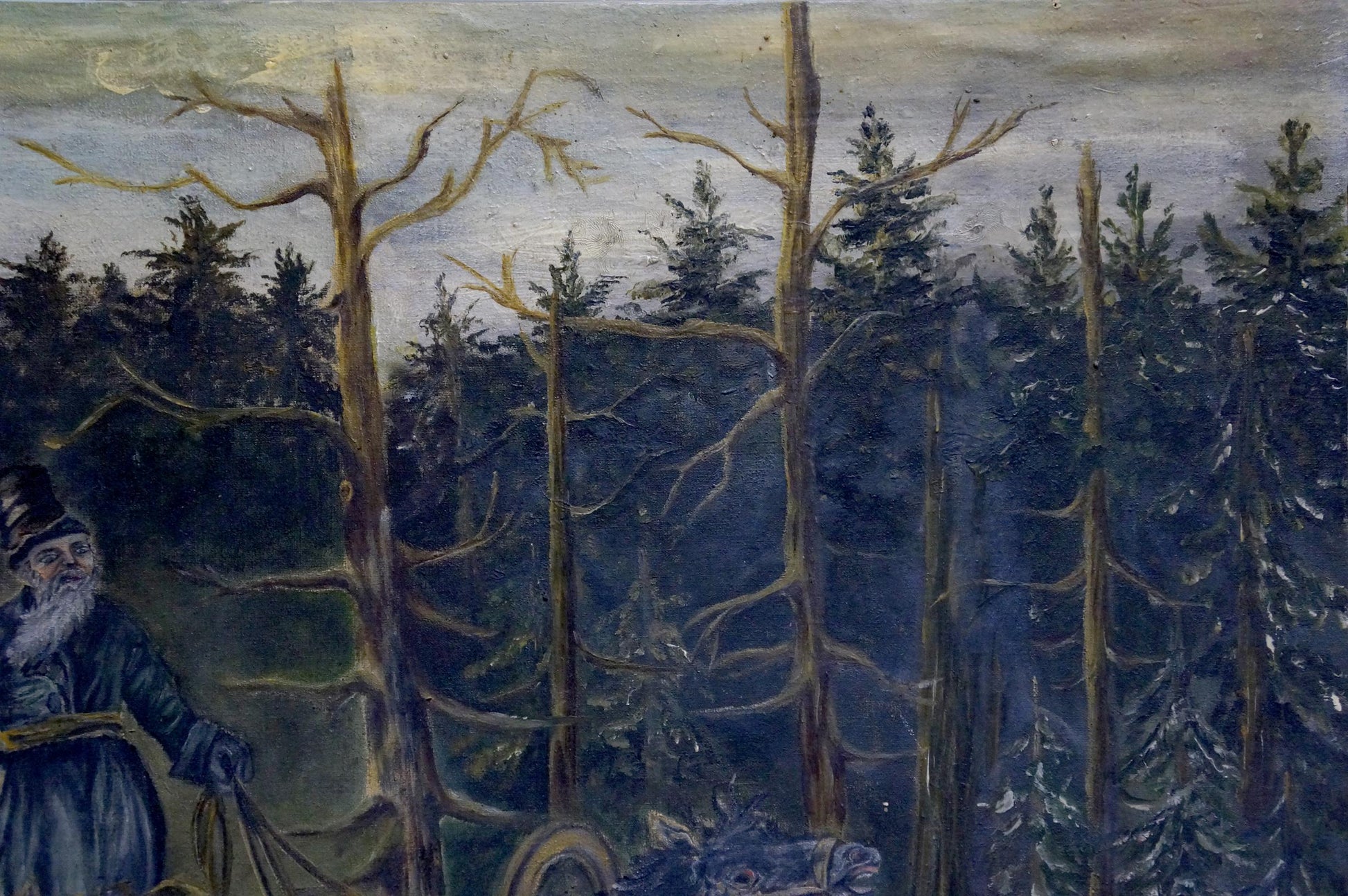 Oil painting On the Hunt: bearded man in top hat with carriage reins by bare trees