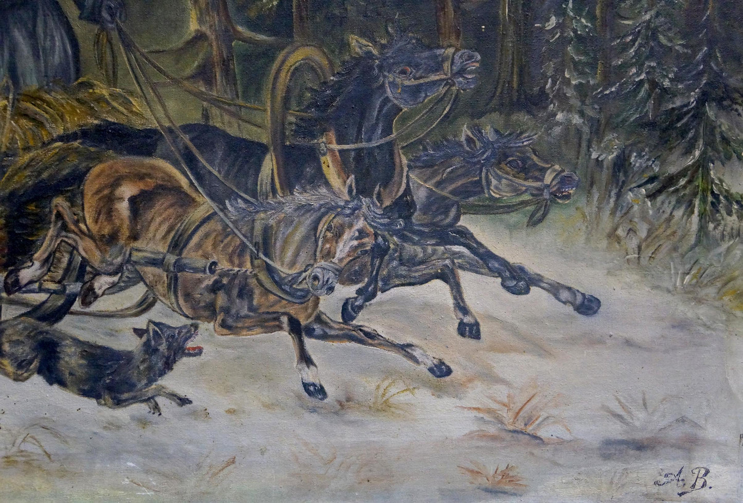 Oil painting On the Hunt: dark brown horses pulling carriage in snowy forest