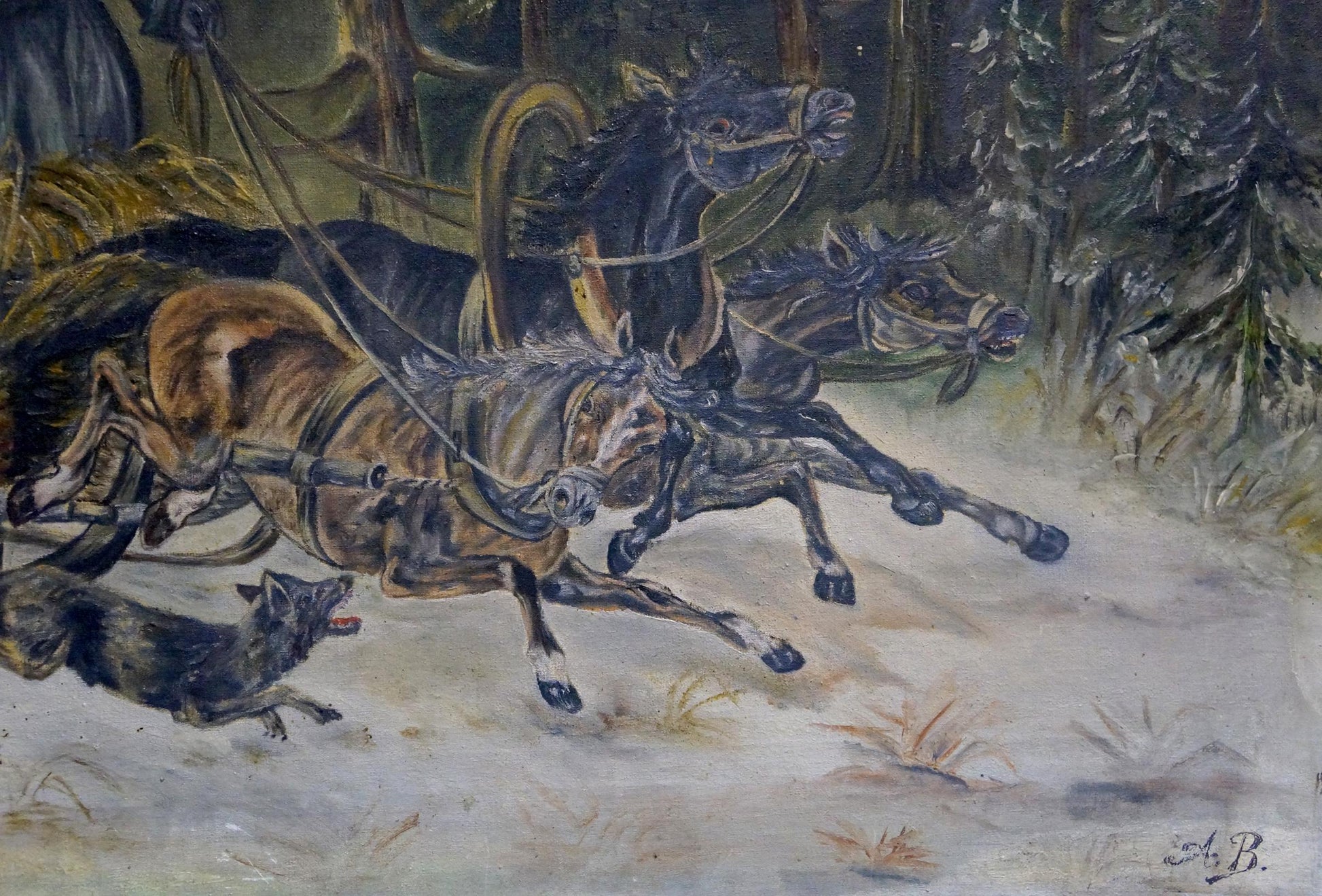 Oil painting On the Hunt: dark brown horses pulling carriage in snowy forest