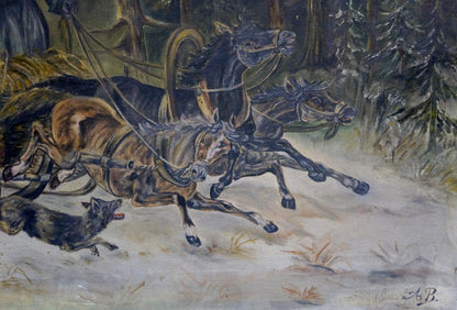 Oil painting On the Hunt: dark brown horses pulling carriage in snowy forest