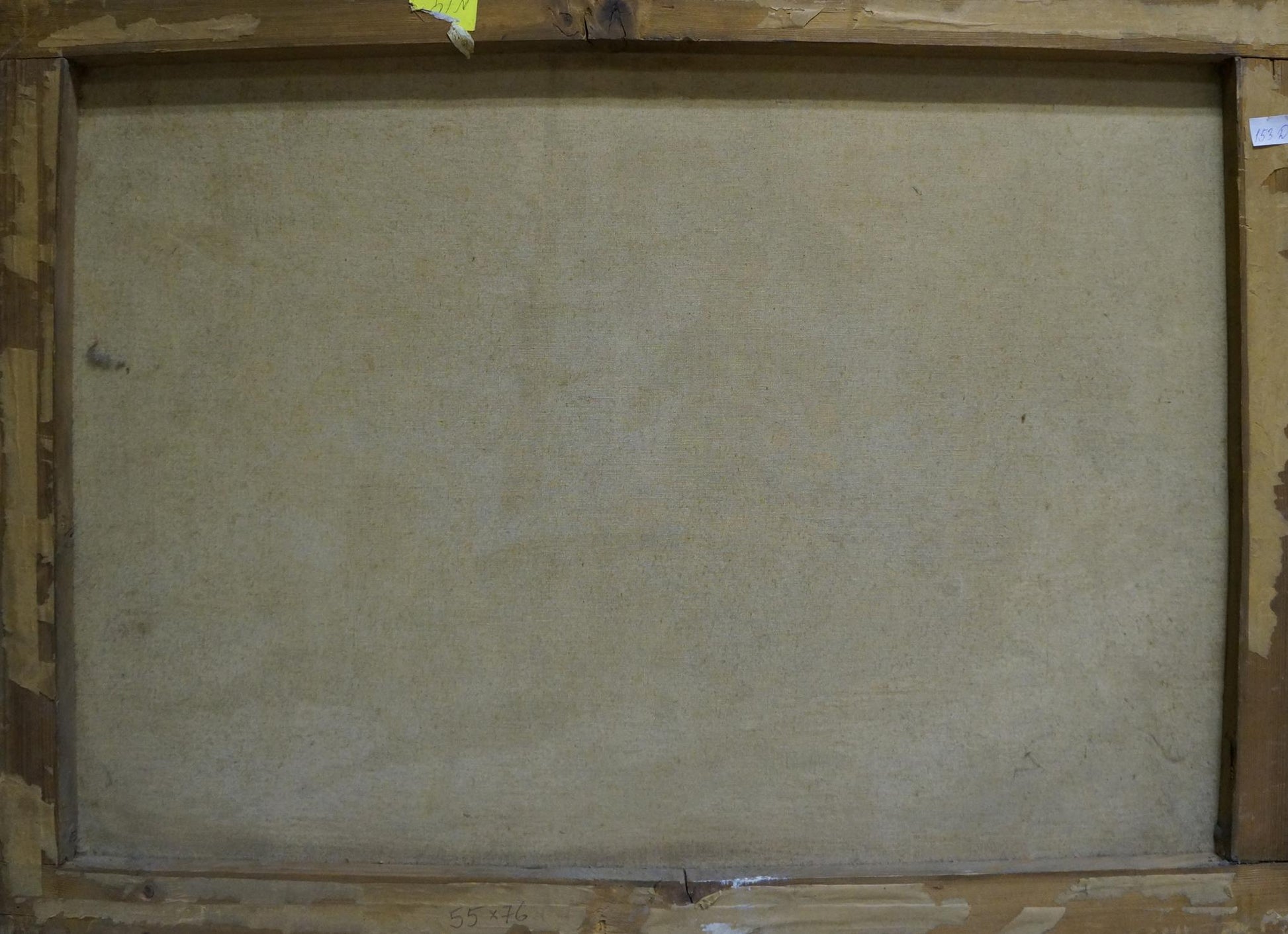 Back of Oil Painting On the Hunt on beige canvas over wooden frame