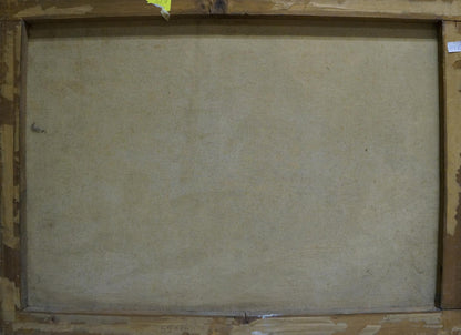 Back of Oil Painting On the Hunt on beige canvas over wooden frame
