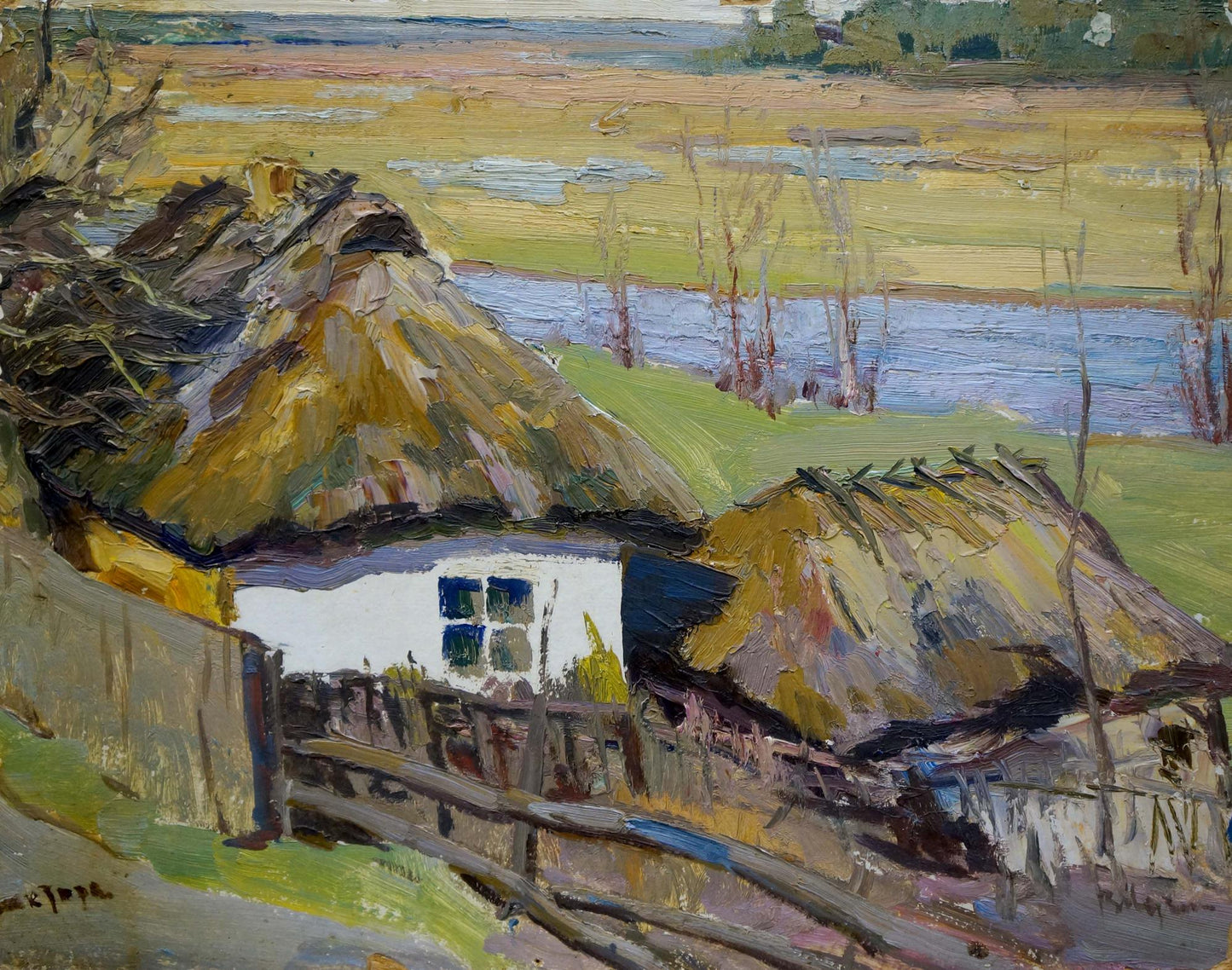 Oil painting of white-walled thatched cottage by Leonid Ovsiyovych Muchnyk