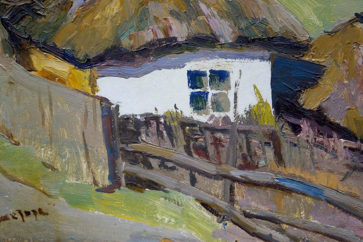 Rustic white thatched cottage oil painting by Leonid Ovsiyovych Muchnyk
