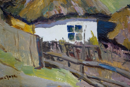 Rustic white thatched cottage oil painting by Leonid Ovsiyovych Muchnyk