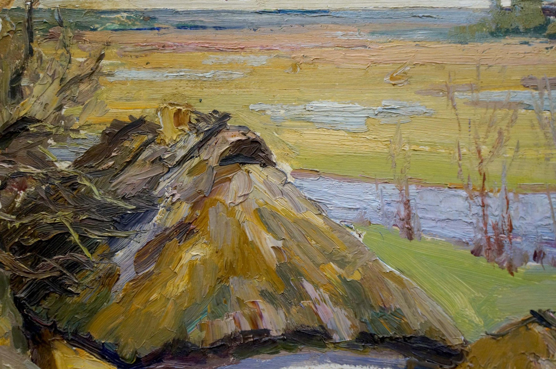 Textured impressionistic oil painting of thatched roof by Leonid Ovsiyovych Muchnyk