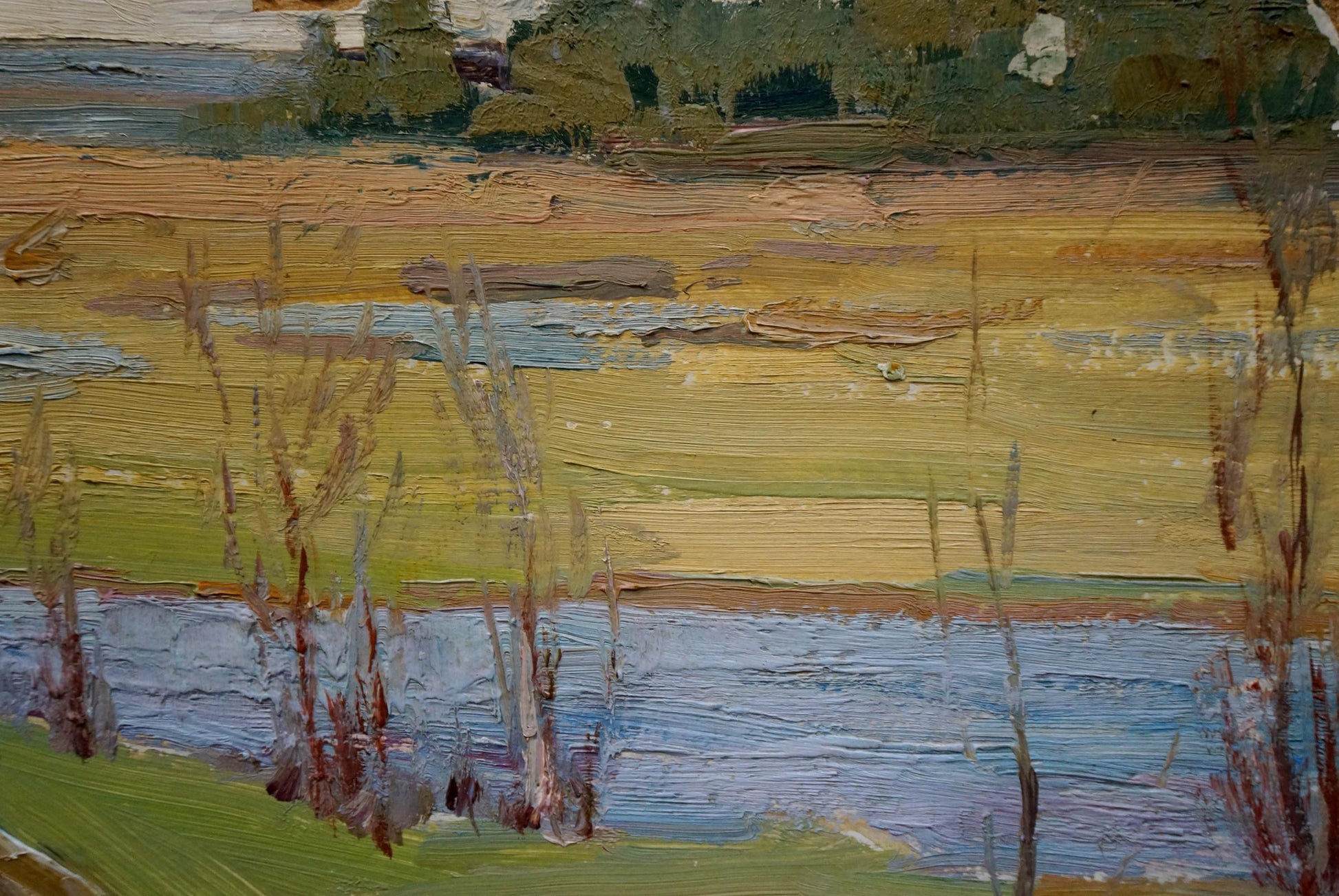 Impressionistic oil painting by Leonid Ovsiyovych Muchnyk of field with bare trees by waterway