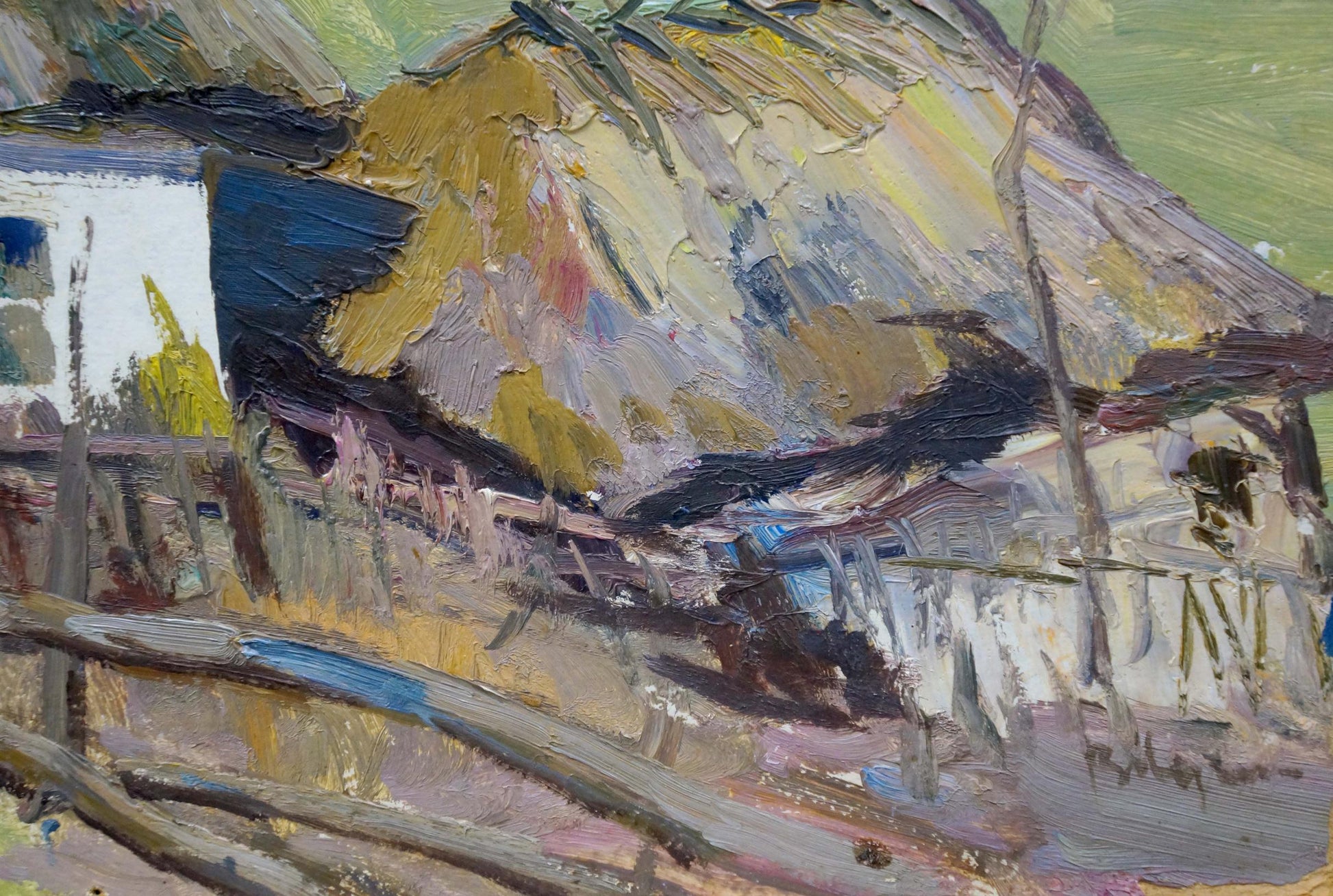 Textured impressionistic oil painting of thatched cottage by Leonid Ovsiyovych Muchnyk