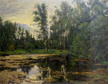 Serene impressionistic oil painting of swamp pond amid lush trees