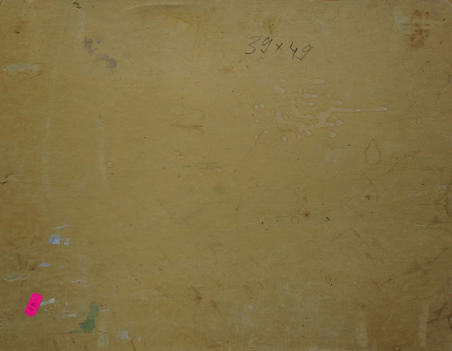 Back of oil painting Home landscape by Leonid Ovsiyovych Muchnyk on worn beige canvas