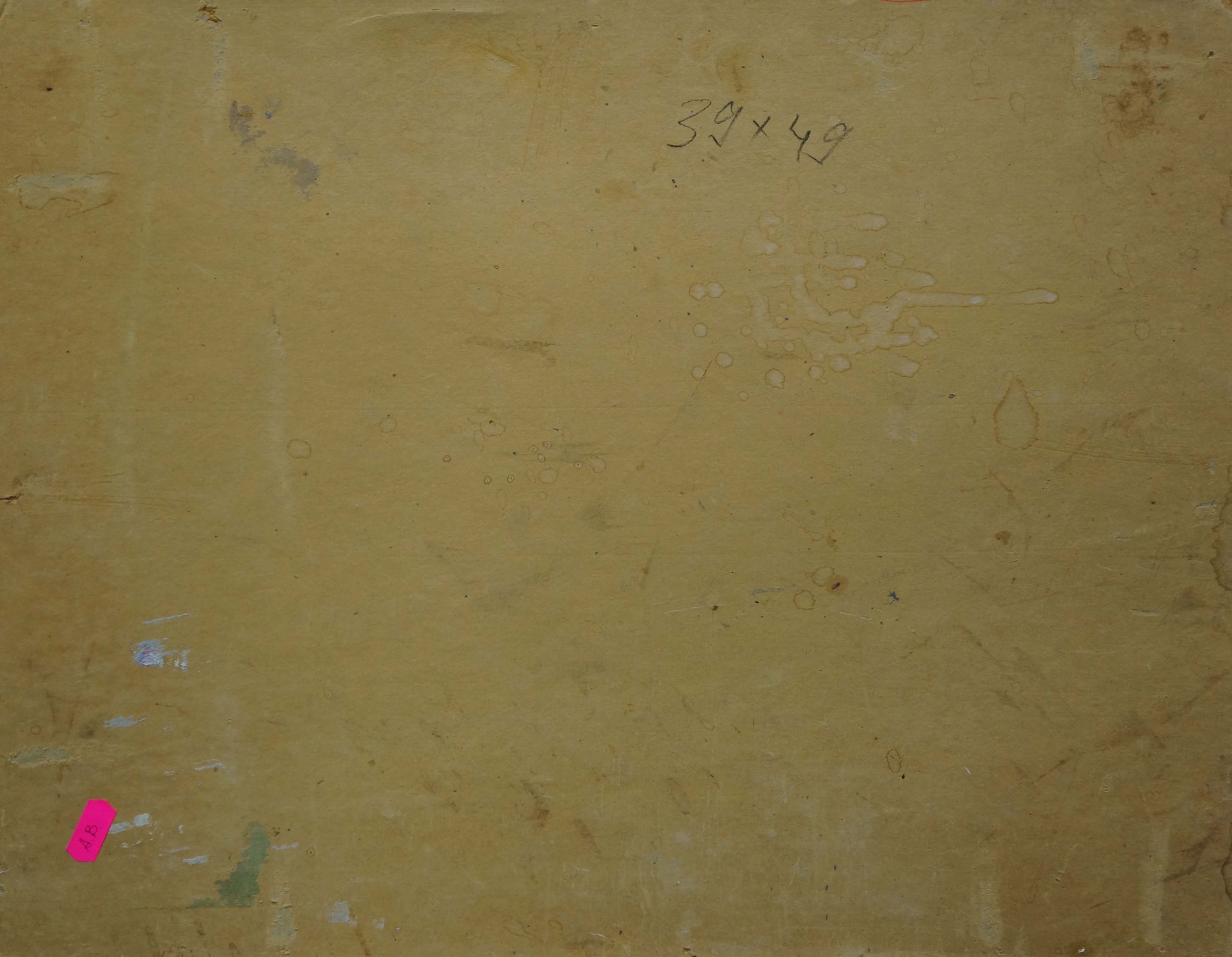 Back of oil painting Home landscape by Leonid Ovsiyovych Muchnyk on worn beige canvas