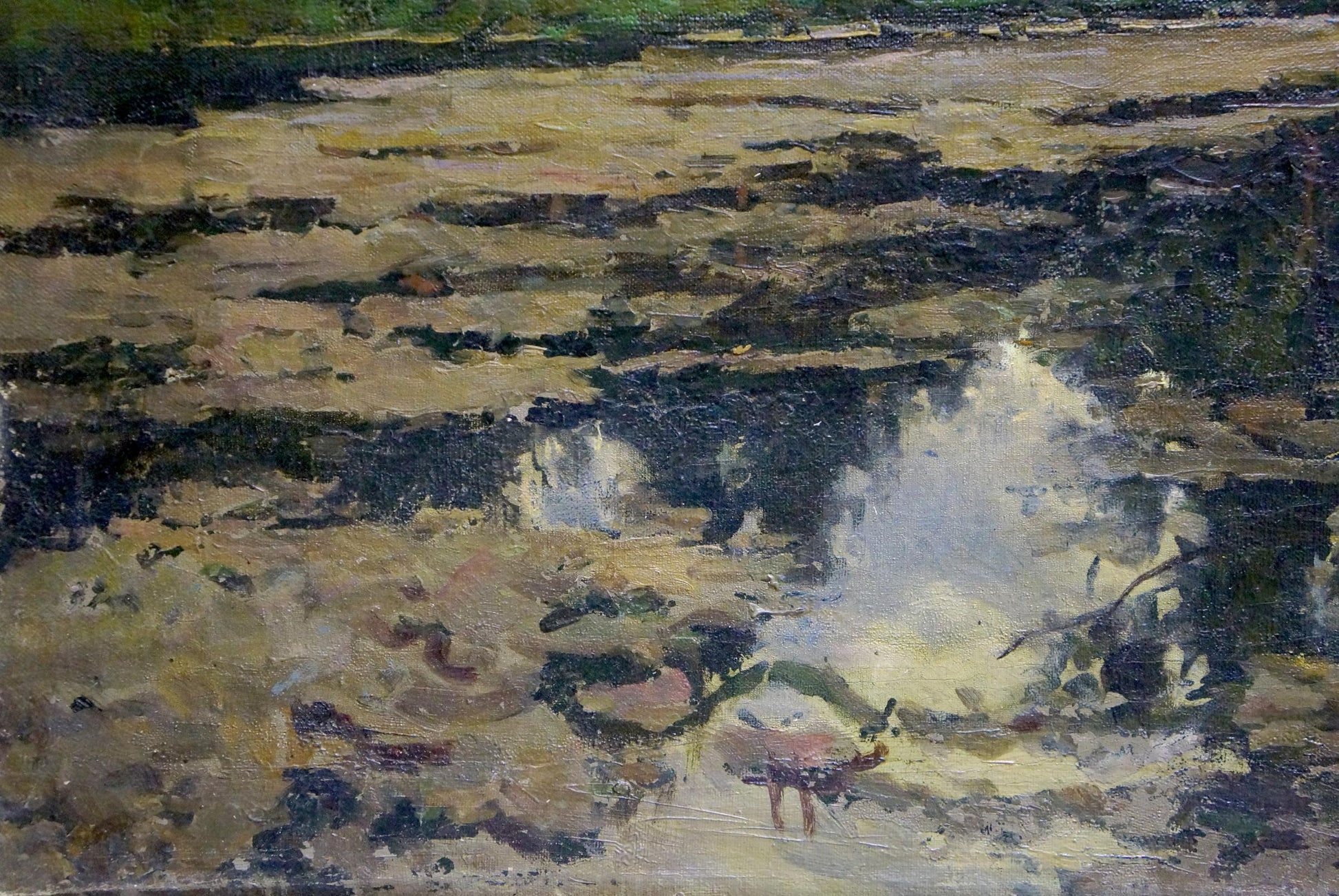 Oil painting Swamp: textured river scene in muted earth tones and dark greens