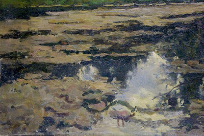 Oil painting Swamp: textured river scene in muted earth tones and dark greens