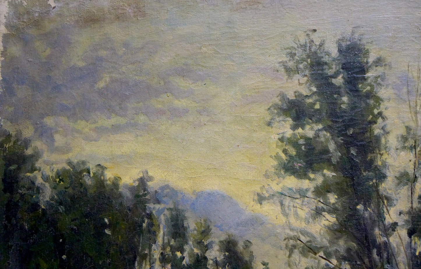 Oil painting Swamp: impressionistic swamp landscape in muted greens, blues
