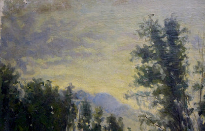 Oil painting Swamp: impressionistic swamp landscape in muted greens, blues
