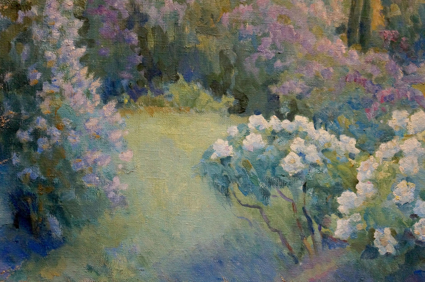 Oil painting by Odarka Anatoliivna Tytarenko: impressionistic garden path with lilacs